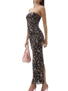 AFRM Black floral Ruched mesh strapless Maxi Dress lined. Size L new with tags